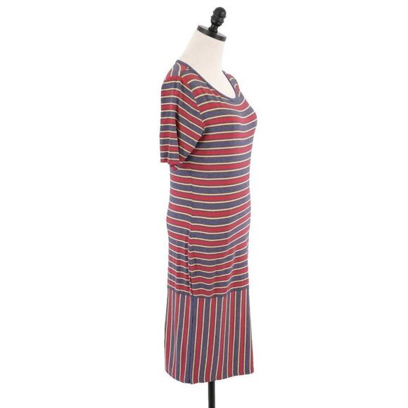 NEW LuLaRoe Julia Gray Red Striped Bodycon Dress Medium Short Sleeve Scoop Neck - Picture 7 of 9